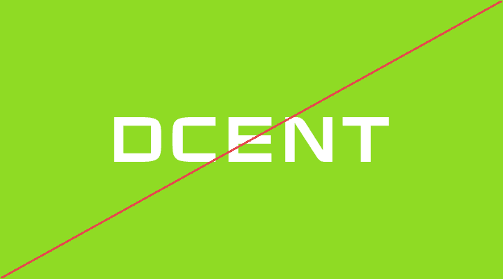 White DCENT wordmark on a lime background, struck through in red