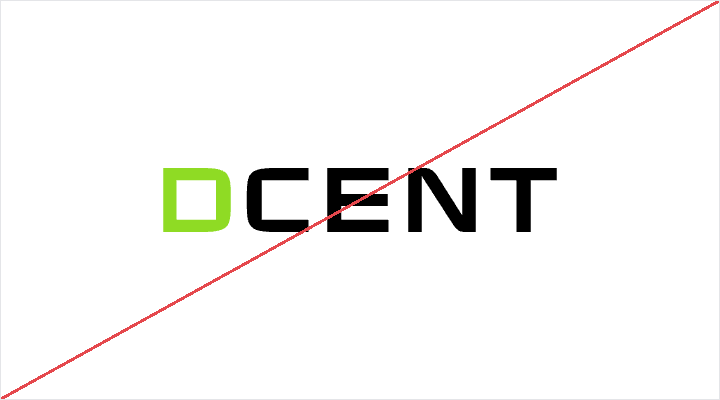 DCENT wordmark with only the first letter in lime, struck through in red