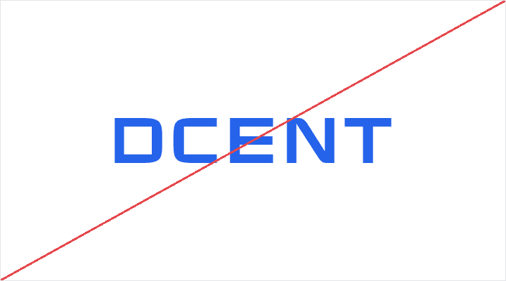 Blue DCENT wordmark, struck through in red