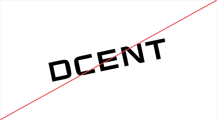 Tilted DCENT wordmark, struck through in red