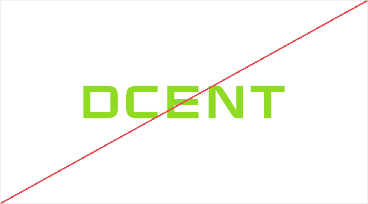Lime-colored DCENT wordmark, struck through in red