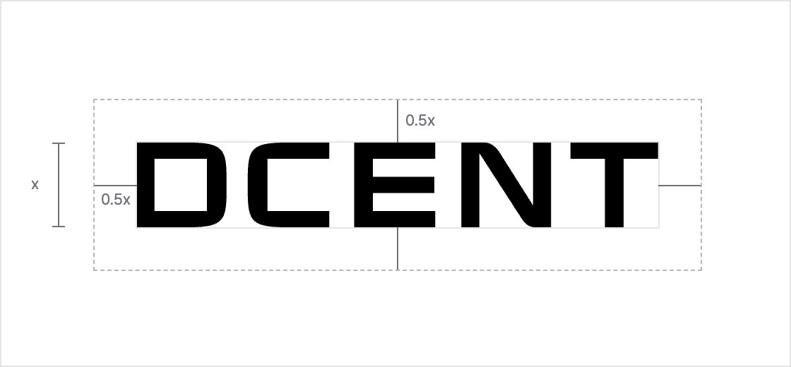 Diagram showing clear space of half the wordmark height on all four sides of the DCENT wordmark